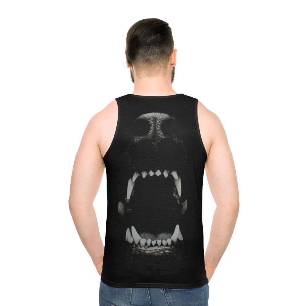 Unisex tank top featuring a dog teeth pattern in black and white