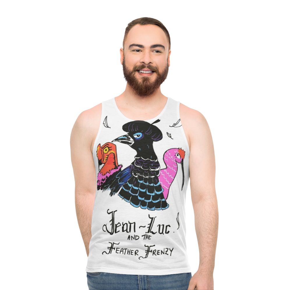 Unisex doodle bird and feather design tank top