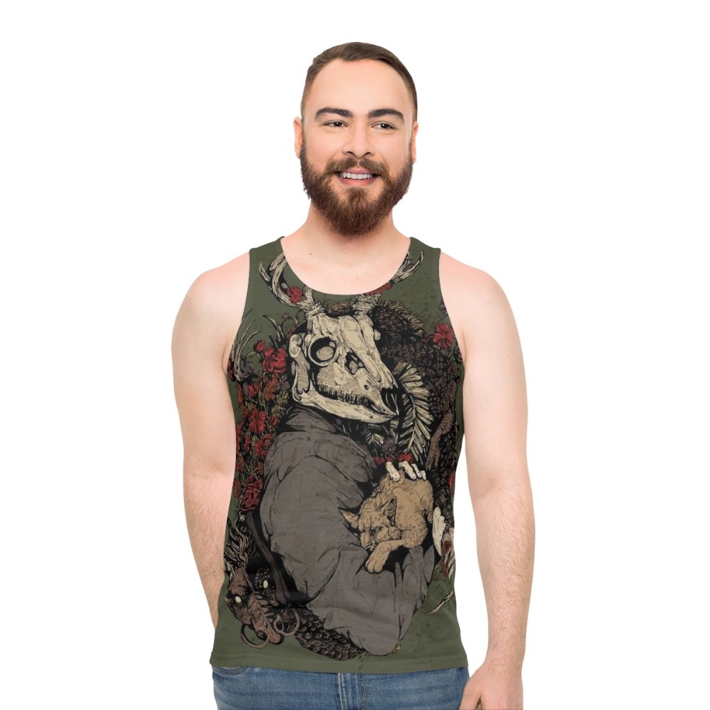 Unisex dragon-themed tank top with Asian art-inspired designs