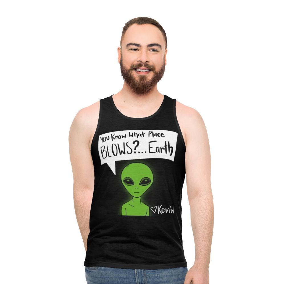 Unisex tank top with earth-themed design and pop culture references