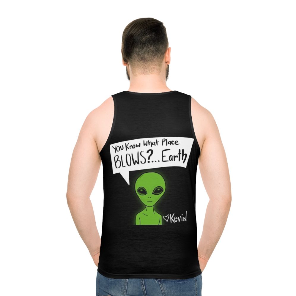 Unisex tank top with earth-themed design and pop culture references