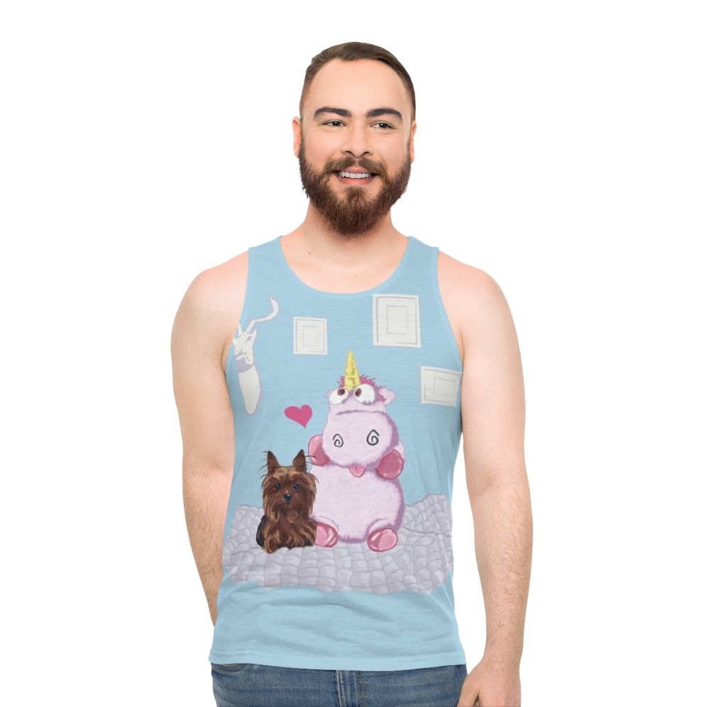 Unisex Family Portrait Tank Top with Cute Dog and Silly Unicorn