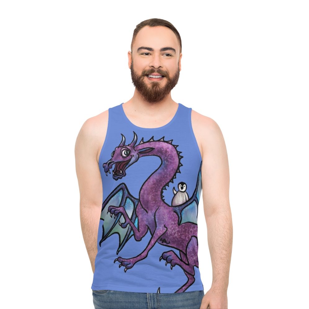 Unisex tank top with fantasy art design of a penguin and dragon in an adventurous scene