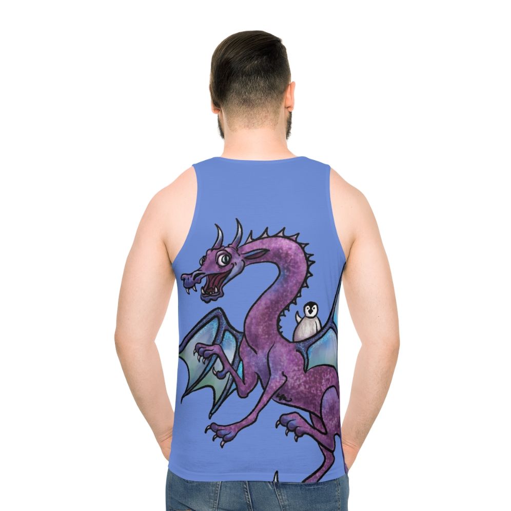 Unisex tank top with fantasy art design of a penguin and dragon in an adventurous scene