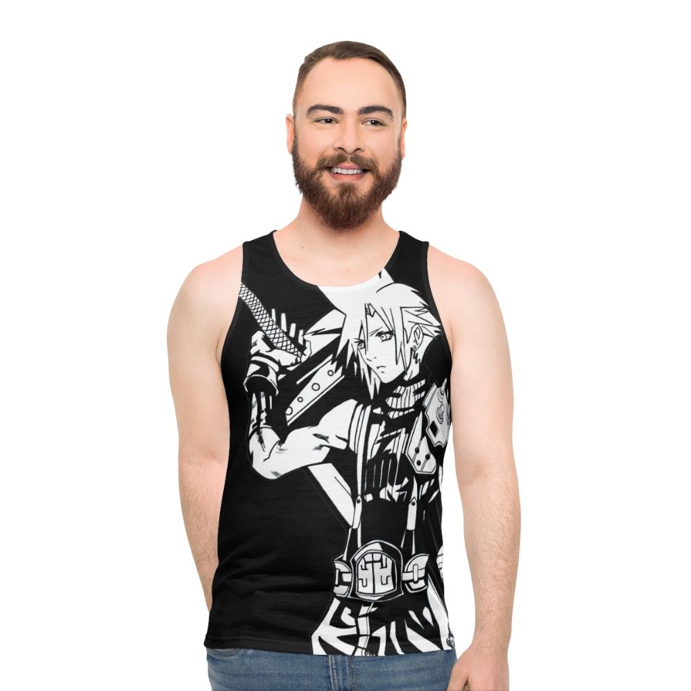 Unisex tank top featuring a fantasy video game character holding a sword