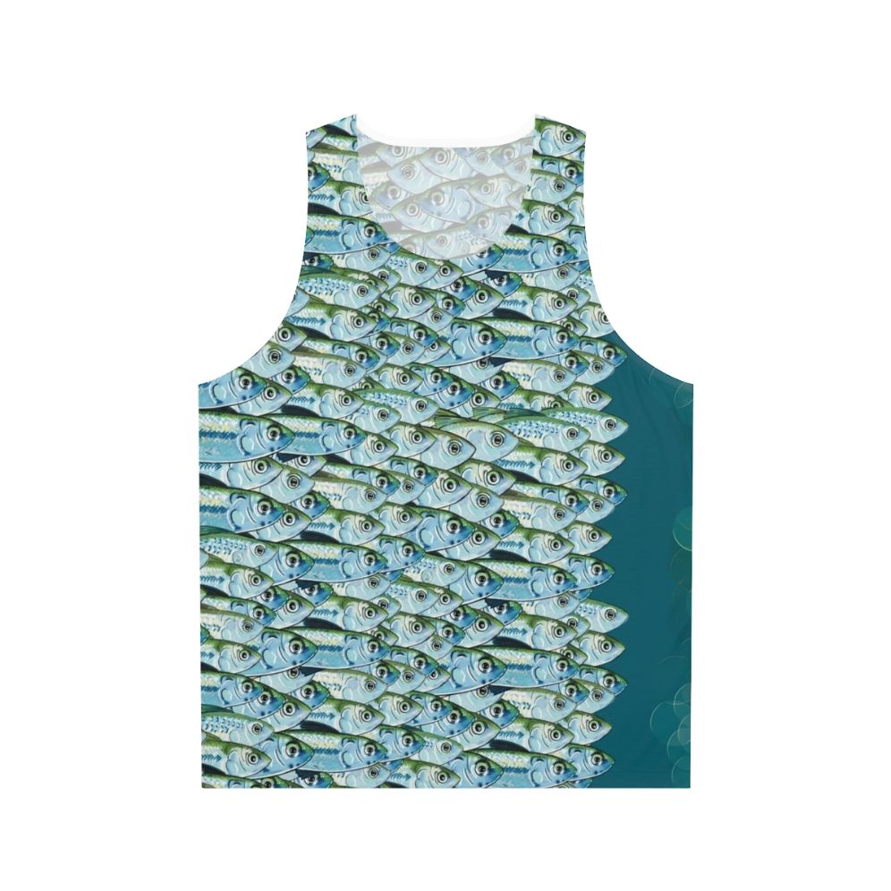 Unisex tank top featuring bait fish and green backs design