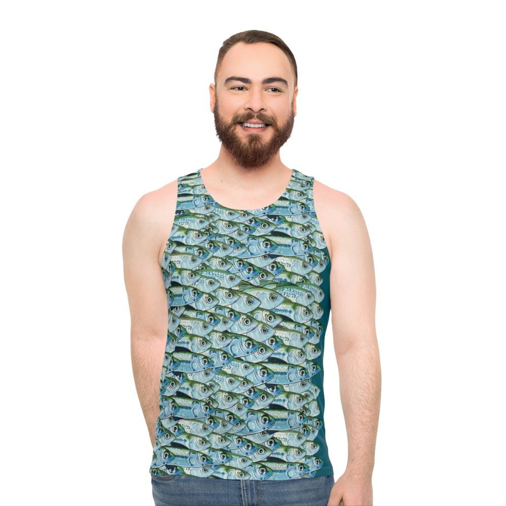 Unisex tank top featuring bait fish and green backs design