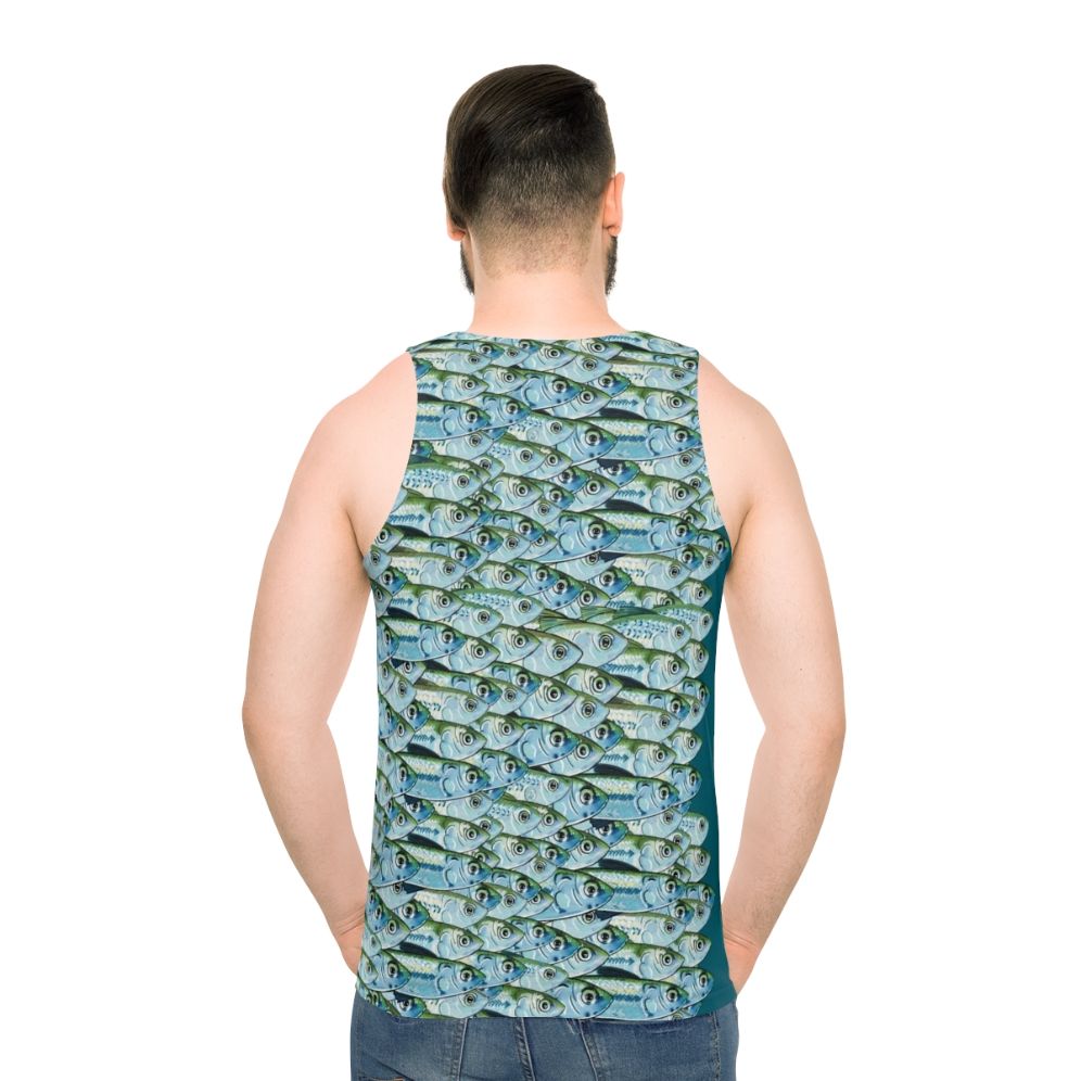 Unisex tank top featuring bait fish and green backs design