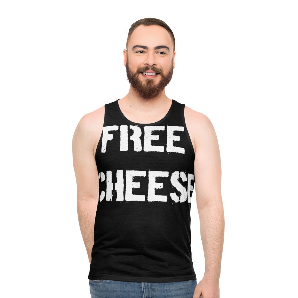 Unisex tank top with "Free Cheese" design inspired by Reservation Dogs