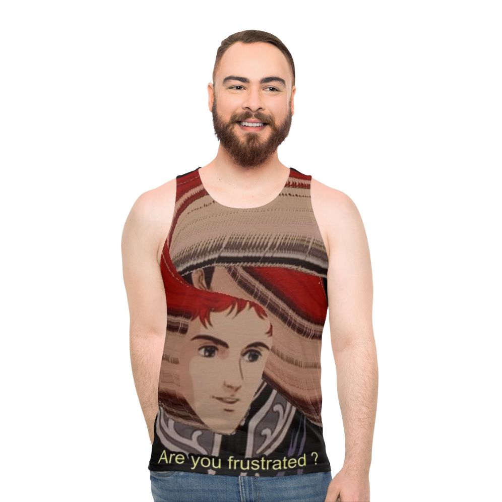 Unisex tank top with 'F R U S T R A T I O N' anime-inspired graphic design