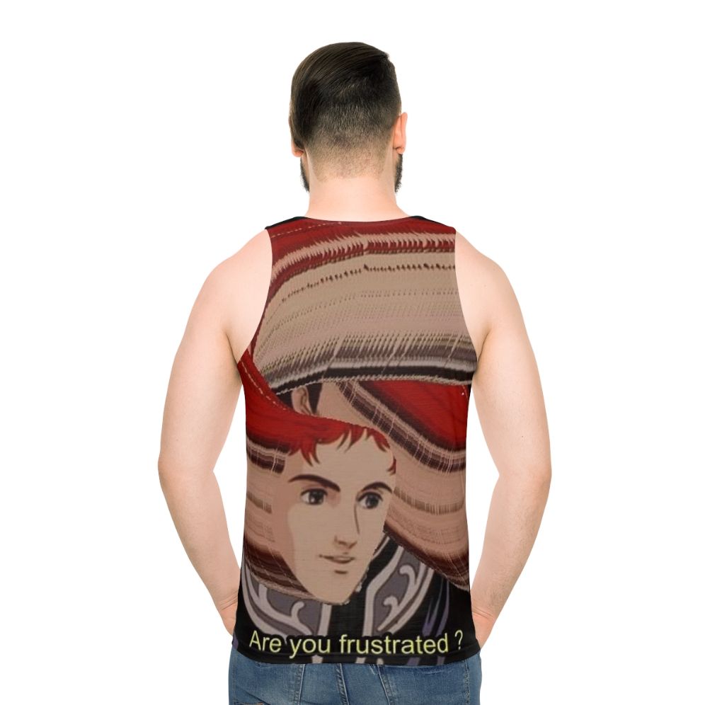 Unisex tank top with 'F R U S T R A T I O N' anime-inspired graphic design