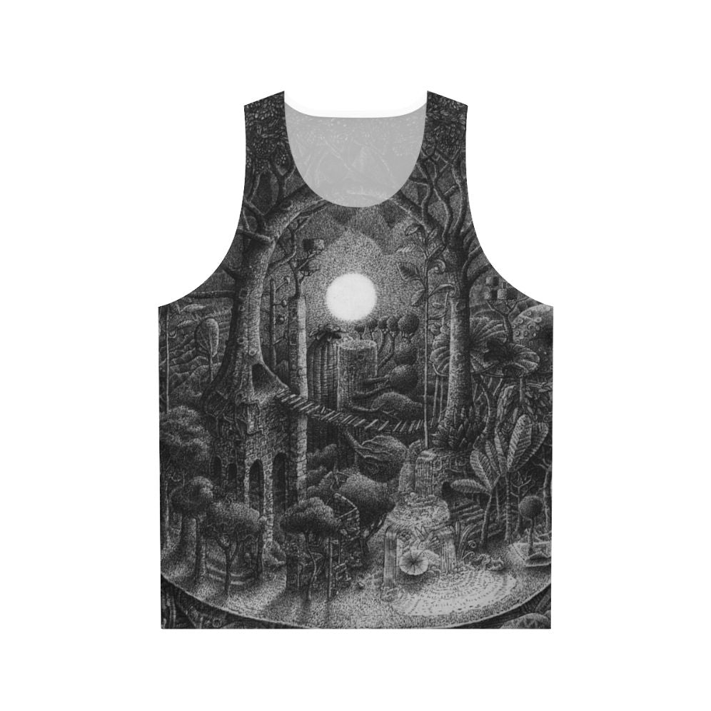 Unisex tank top with detailed pointillism art of a full moon over a forest