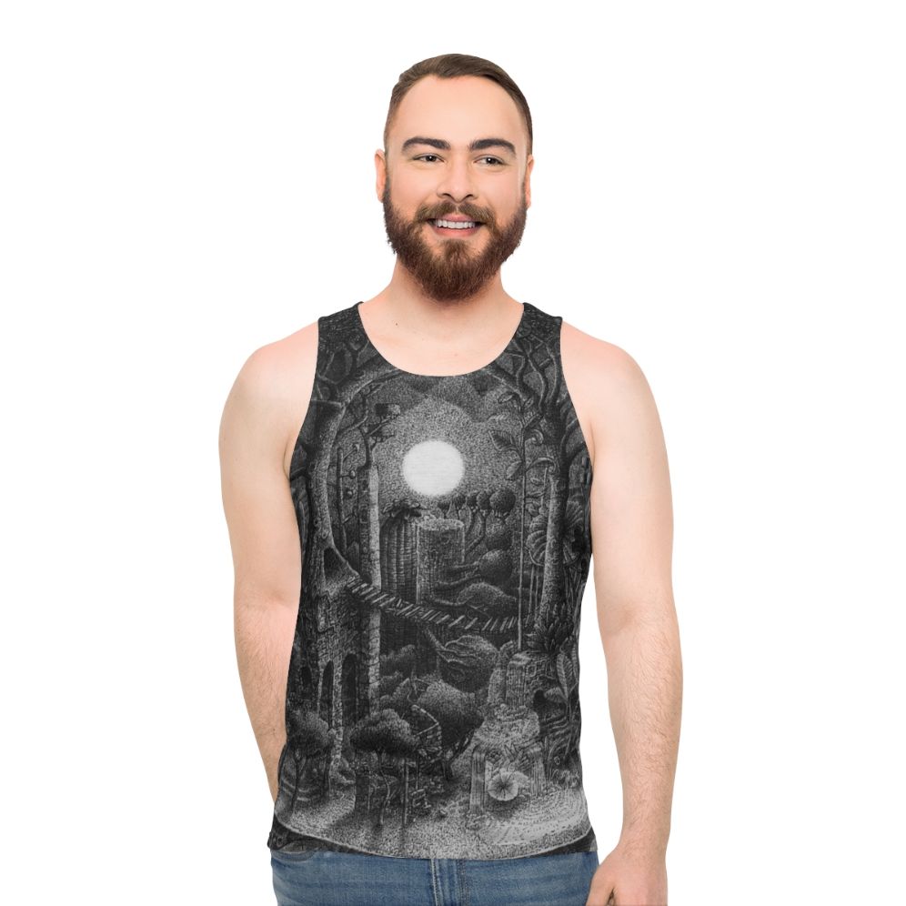 Unisex tank top with detailed pointillism art of a full moon over a forest