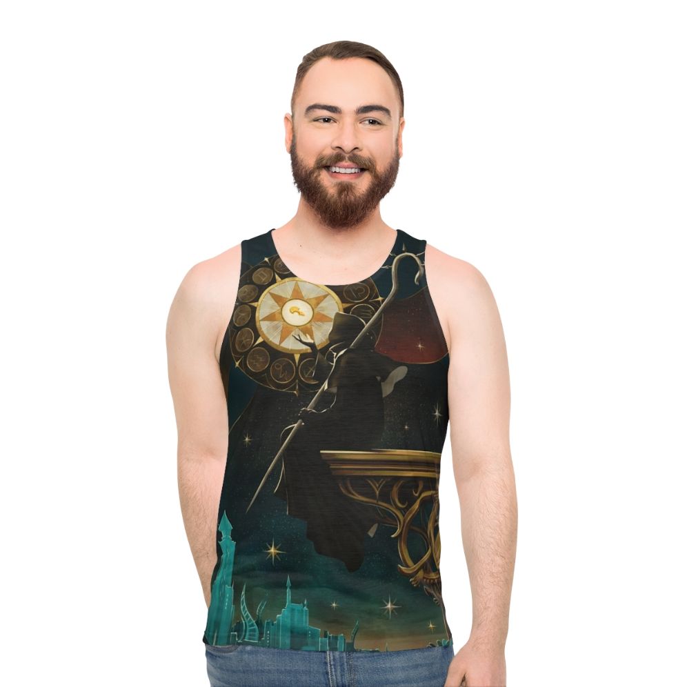 Unisex tank top with zodiac and sun design