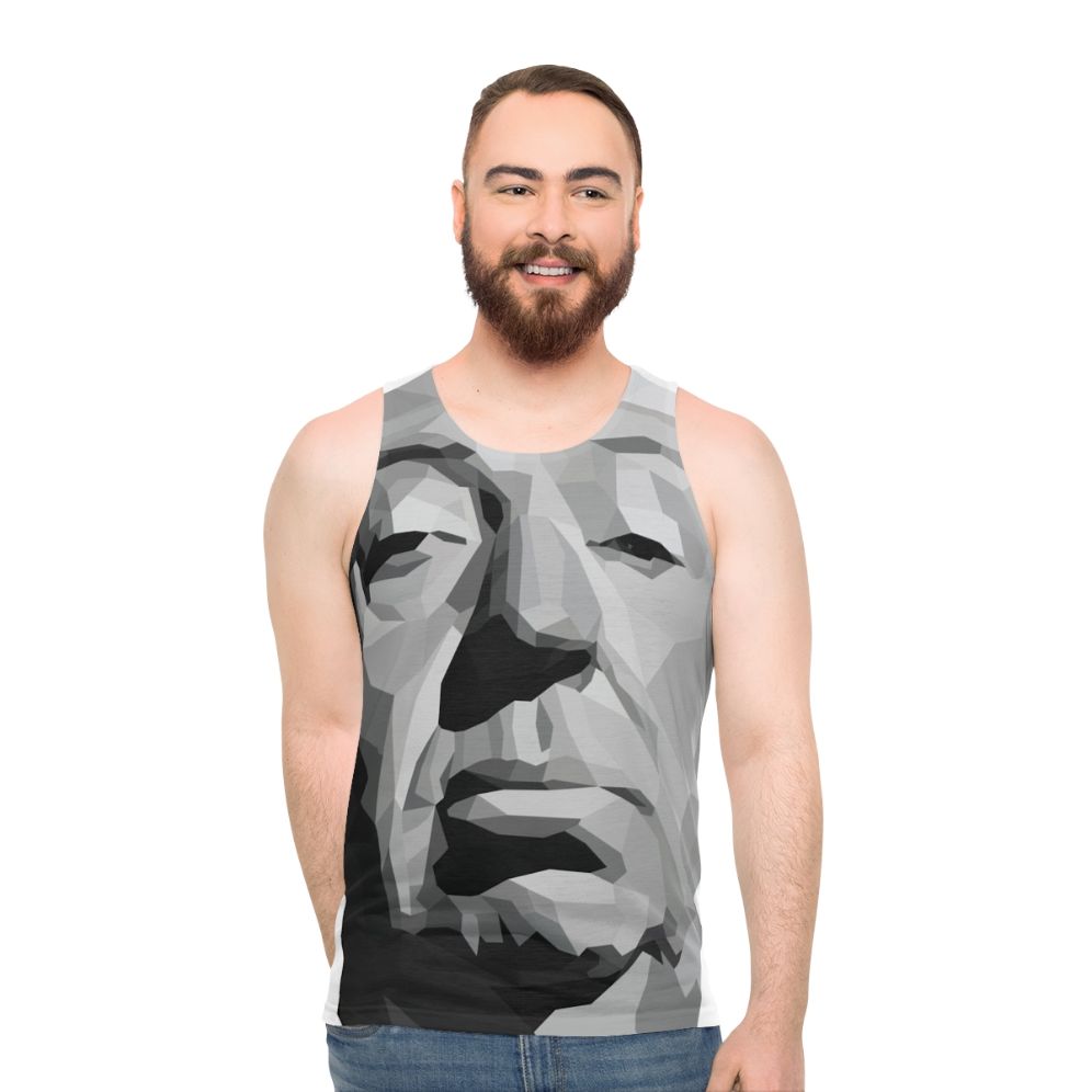 Unisex geometric tank top with Alfred Hitchcock minimalist graphic