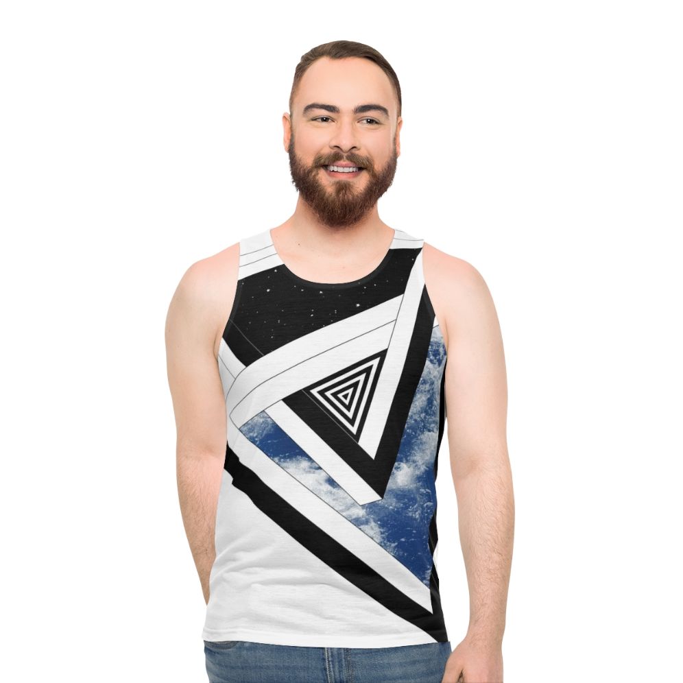Unisex geometric space and ocean waves tank top