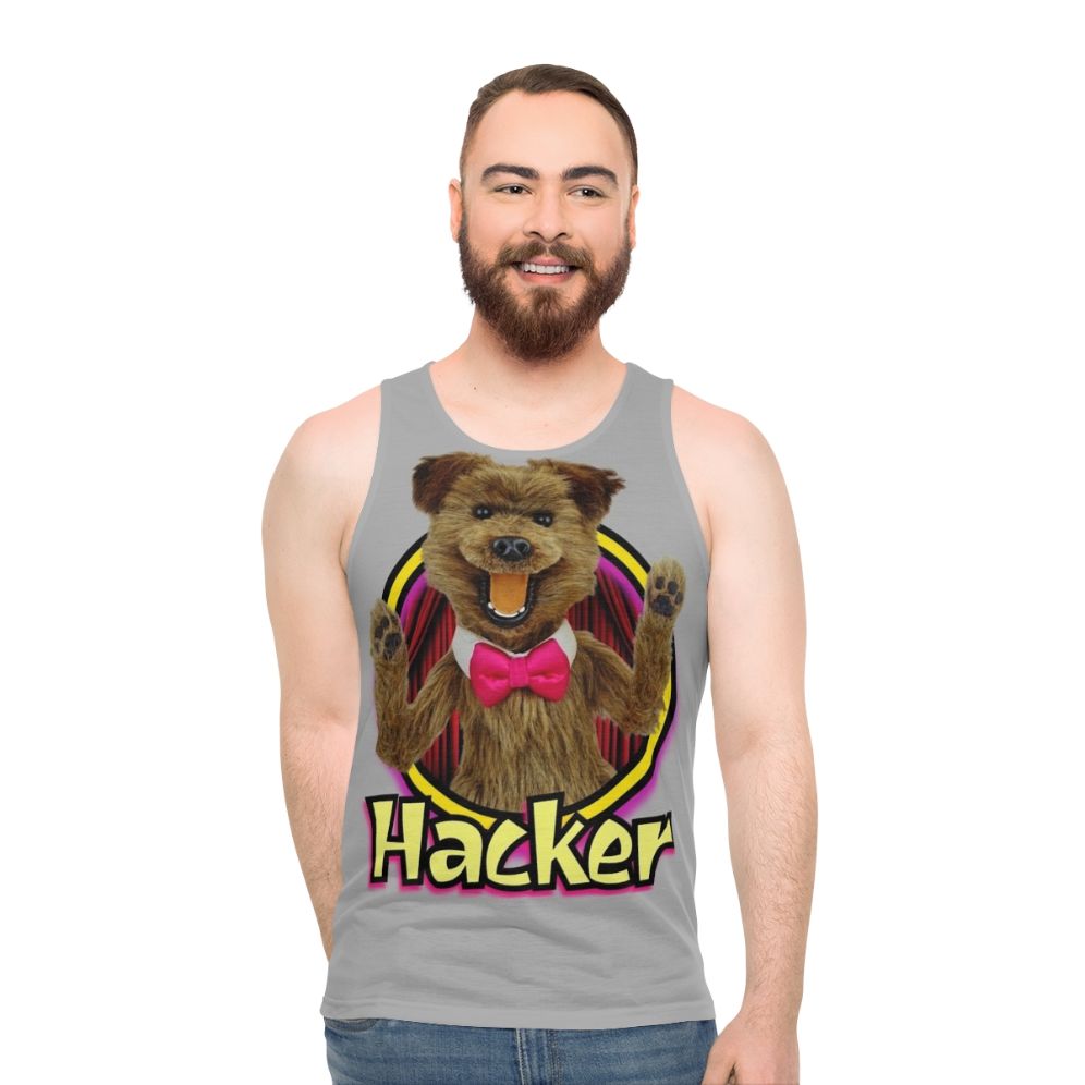 Unisex hacker t-shirt from Hacker Time featuring colorful retro puppet design