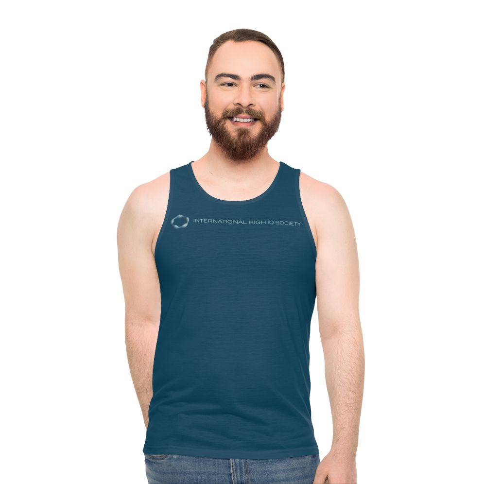 Unisex blue tank top with high IQ society logo