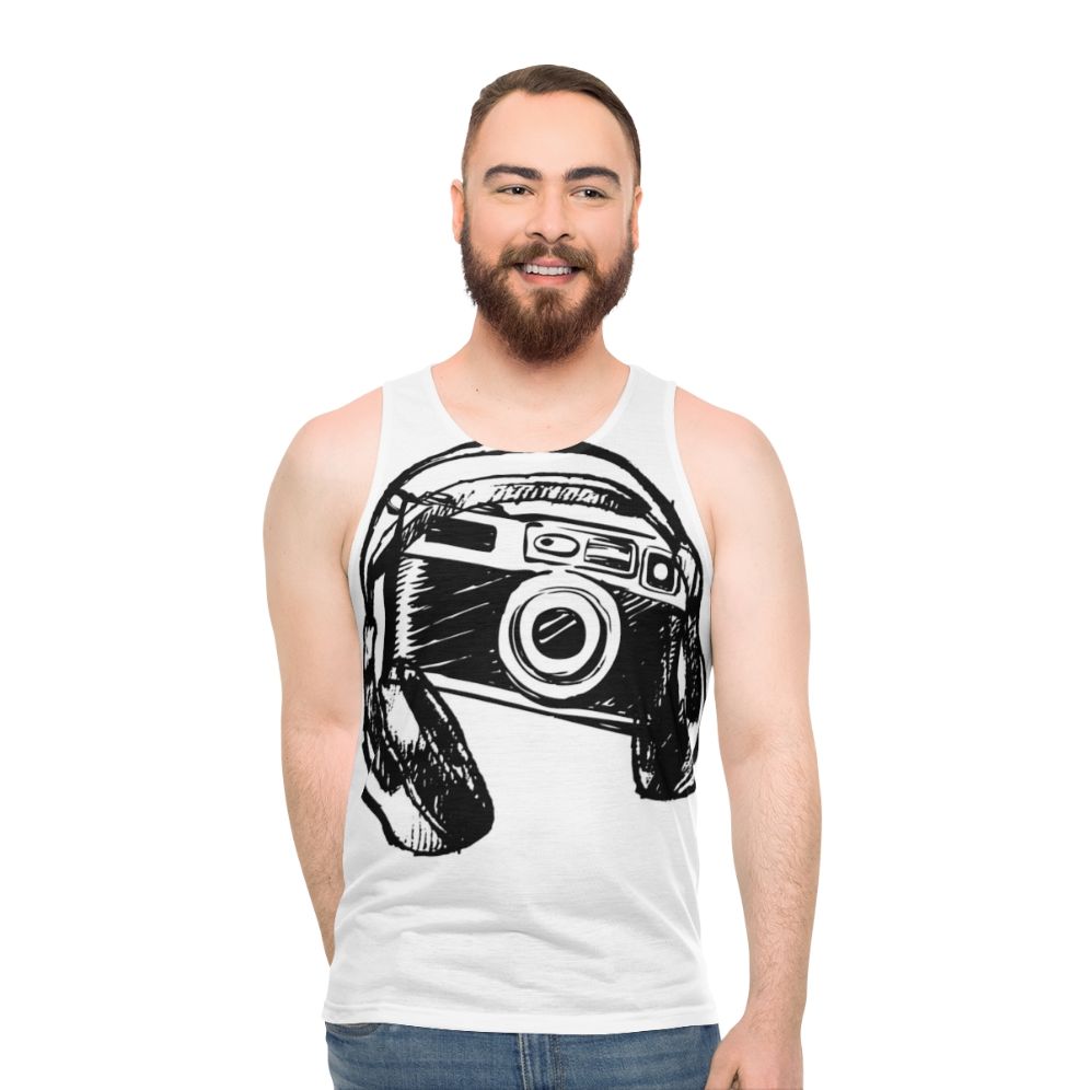 Unisex hobby tank top with audio and photography icons