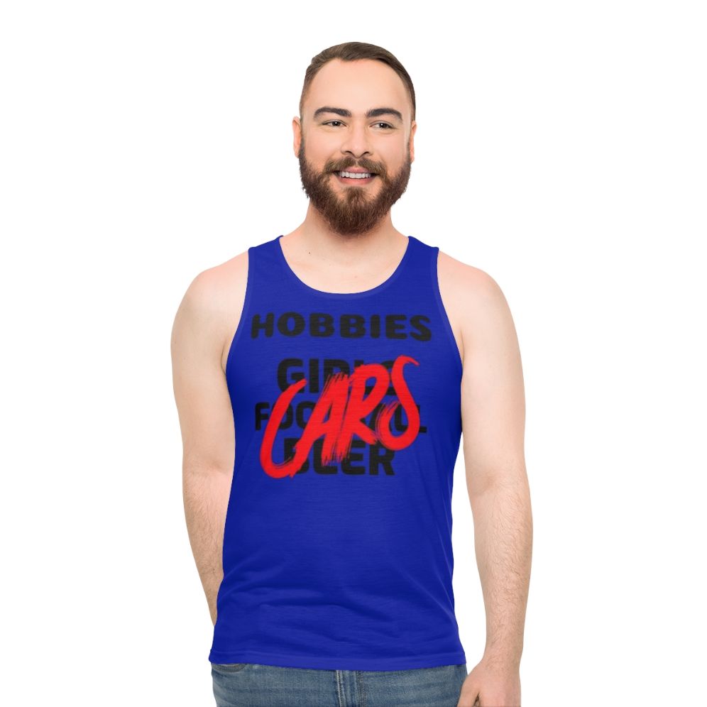 Unisex hobby tank top with car enthusiast and sports designs