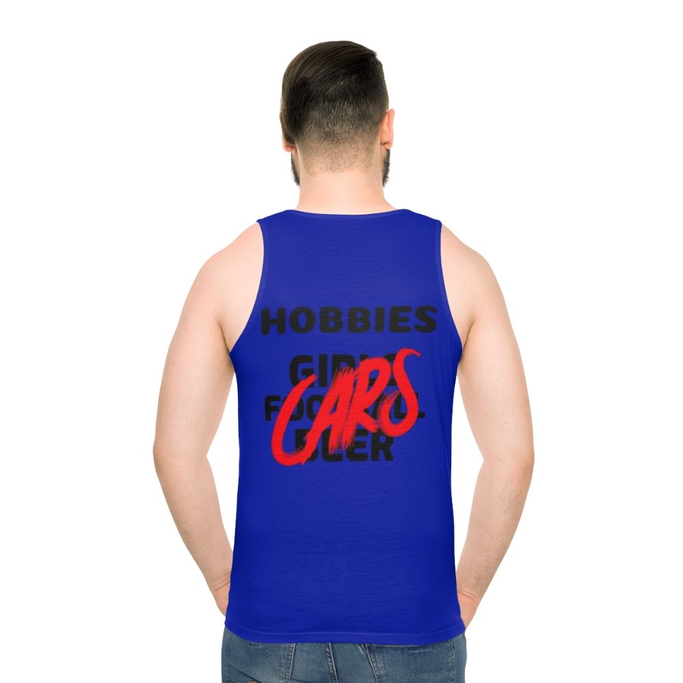 Unisex hobby tank top with car enthusiast and sports designs