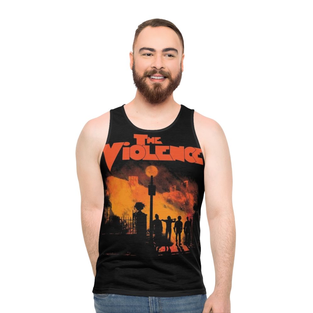 Unisex horror movie tank top with violent, spooky, and humor-filled design