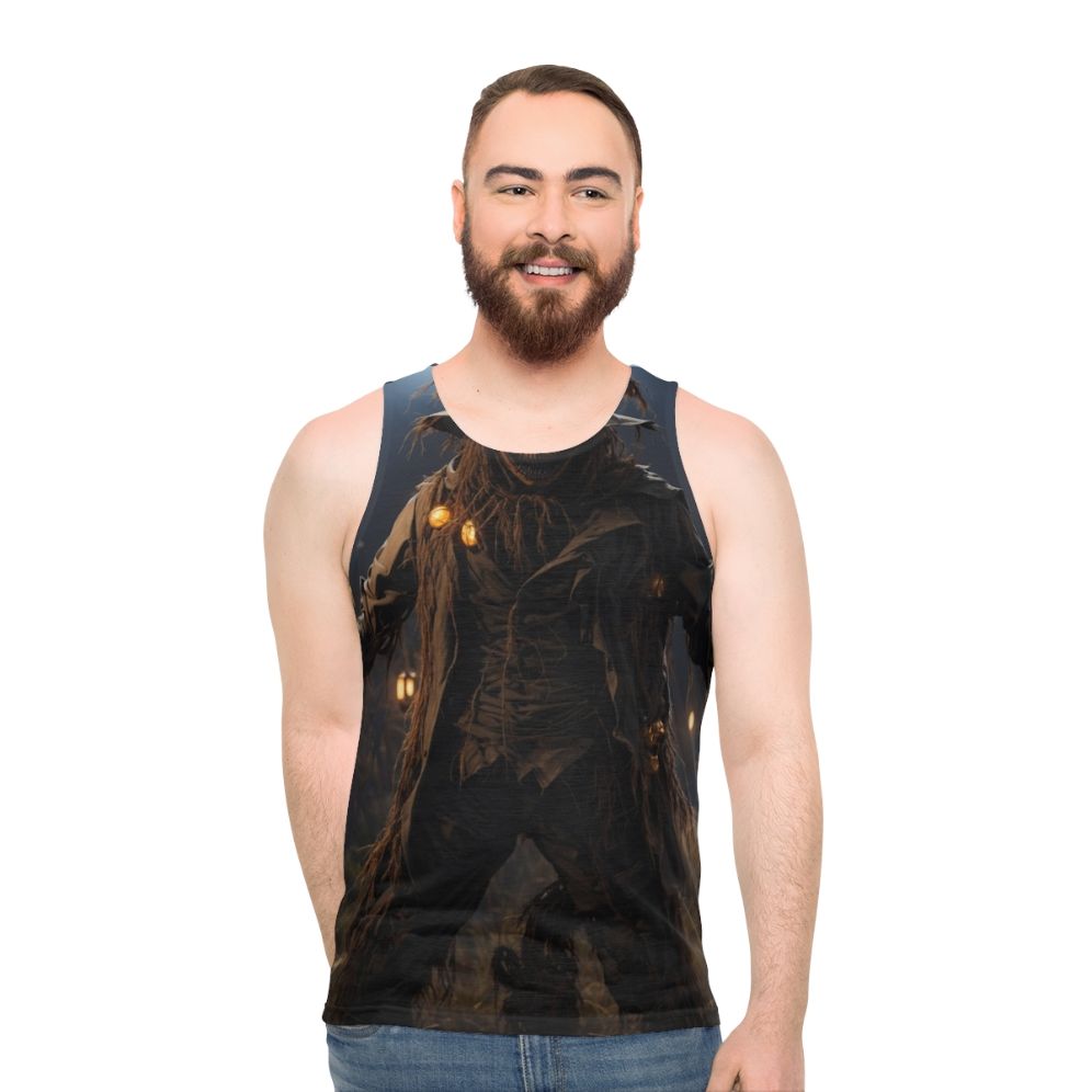 Unisex horror tank top with spooky scarecrow design