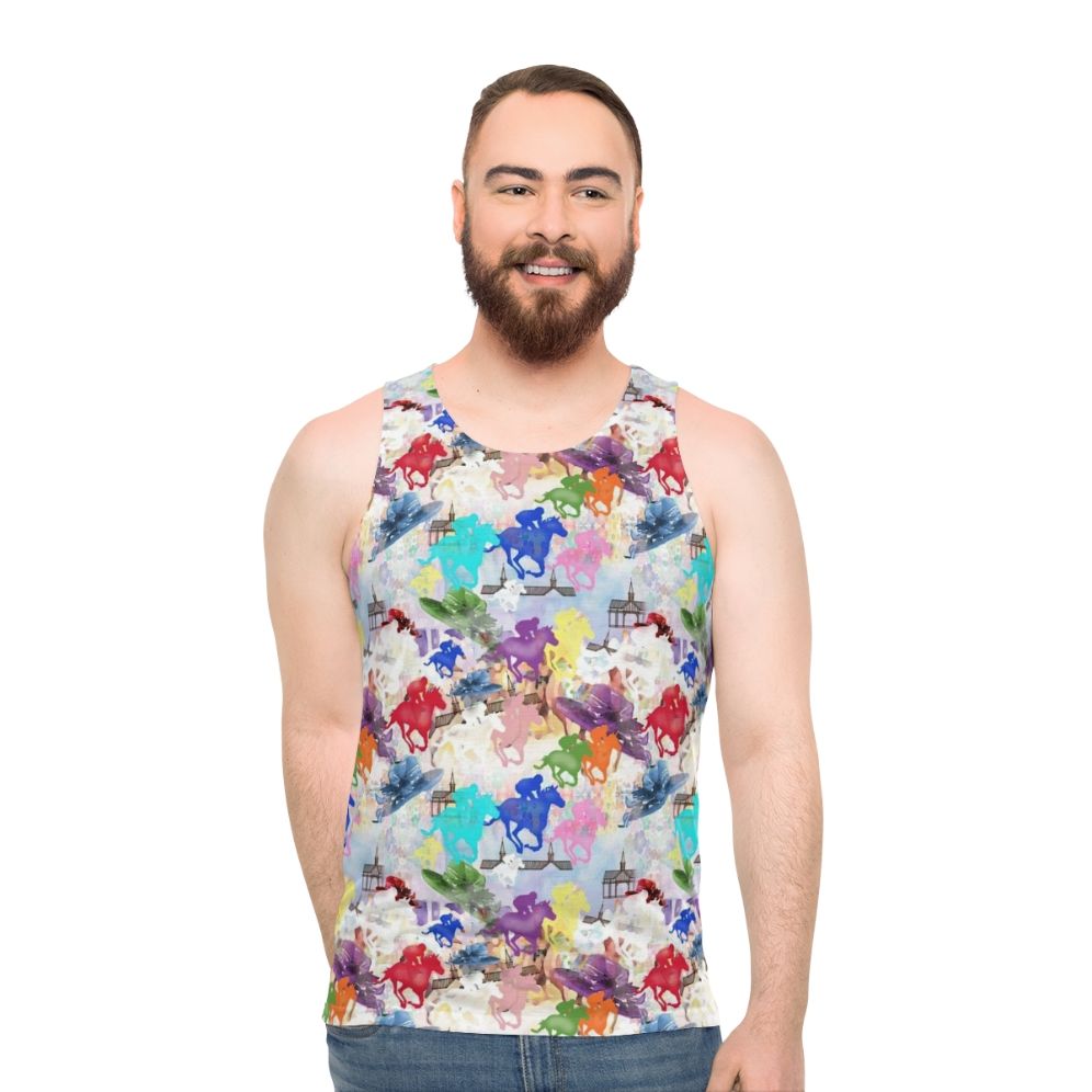 Unisex horse racing tank top with colorful horse silhouette design