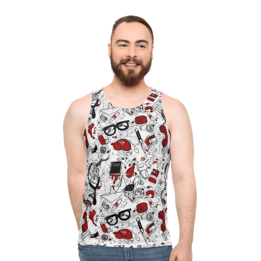 Unisex horror movie "It" themed tank top with repeating pattern design