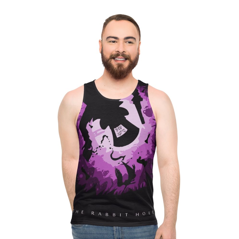 Unisex graphic tank top with Gotham City and Justice League design