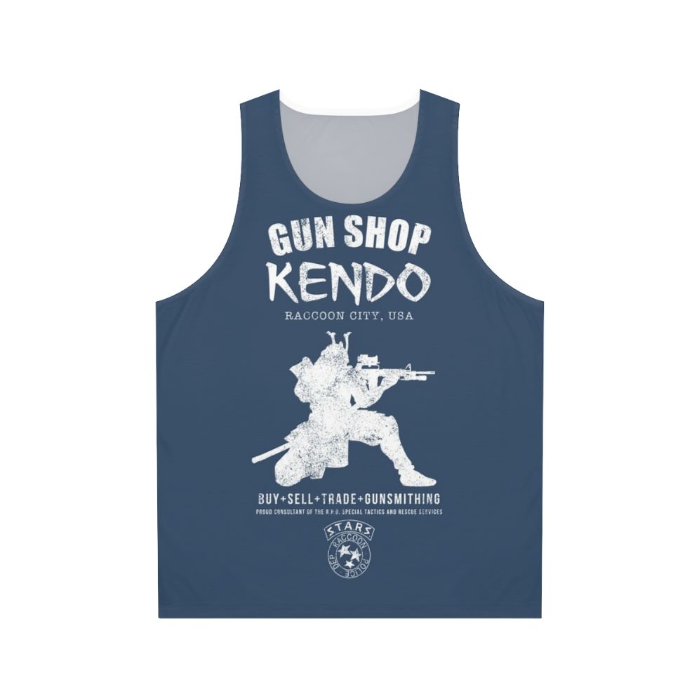 Unisex tank top with Kendo Gun Shop design for video game and survival horror fans