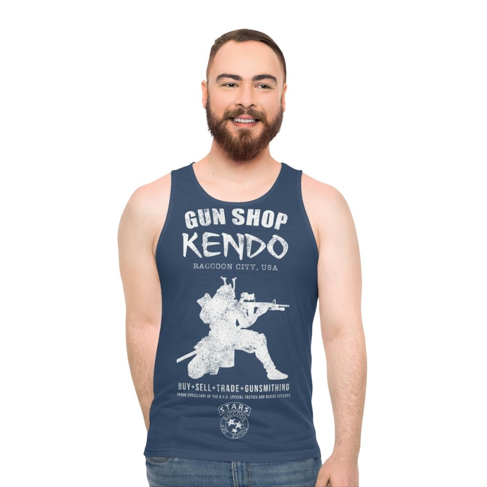 Unisex tank top with Kendo Gun Shop design for video game and survival horror fans