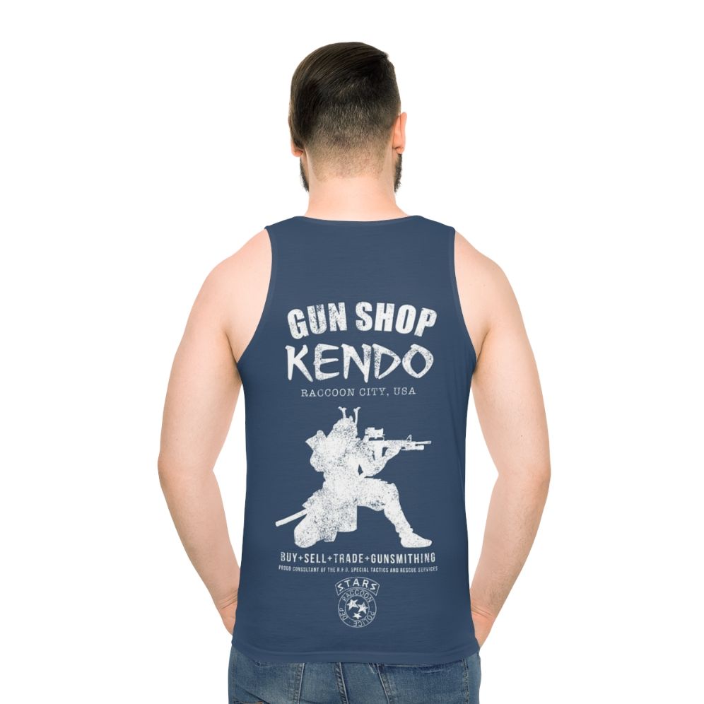Unisex tank top with Kendo Gun Shop design for video game and survival horror fans