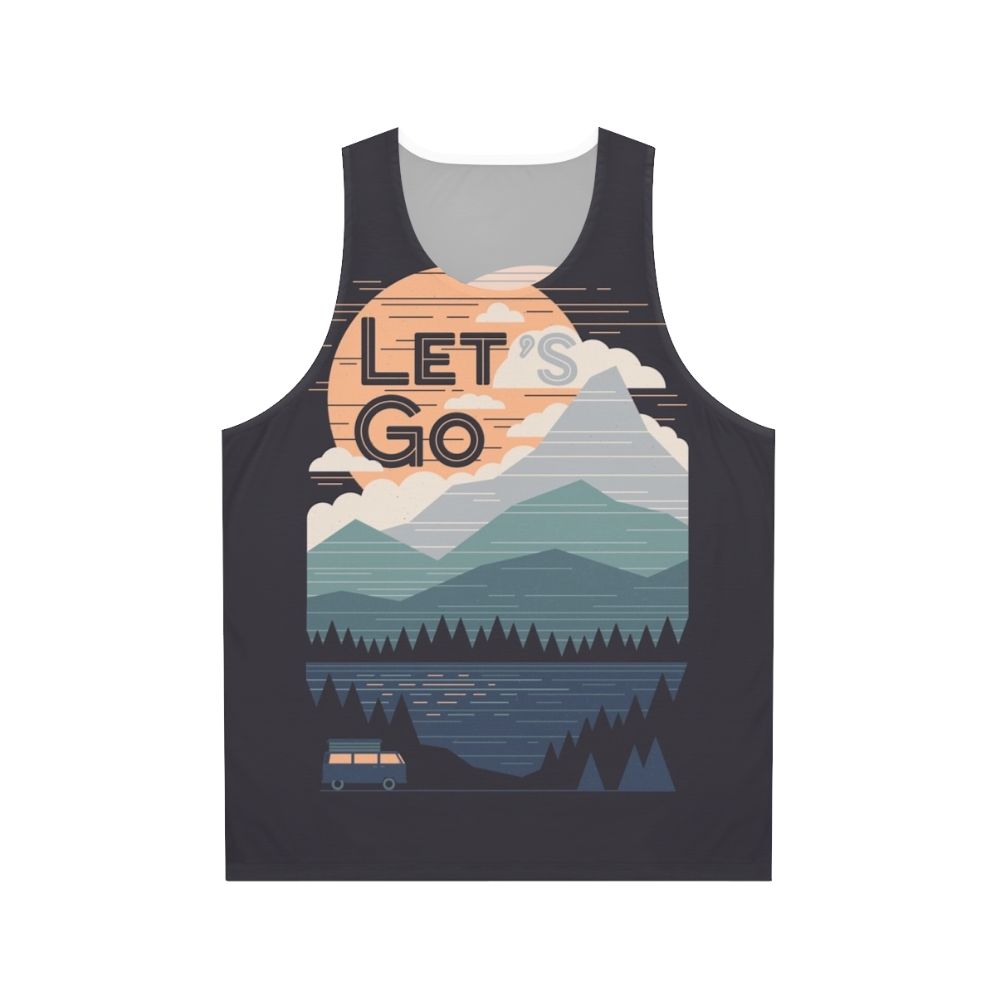 Unisex 'Let's Go' minimalist tank top with mountain landscape design