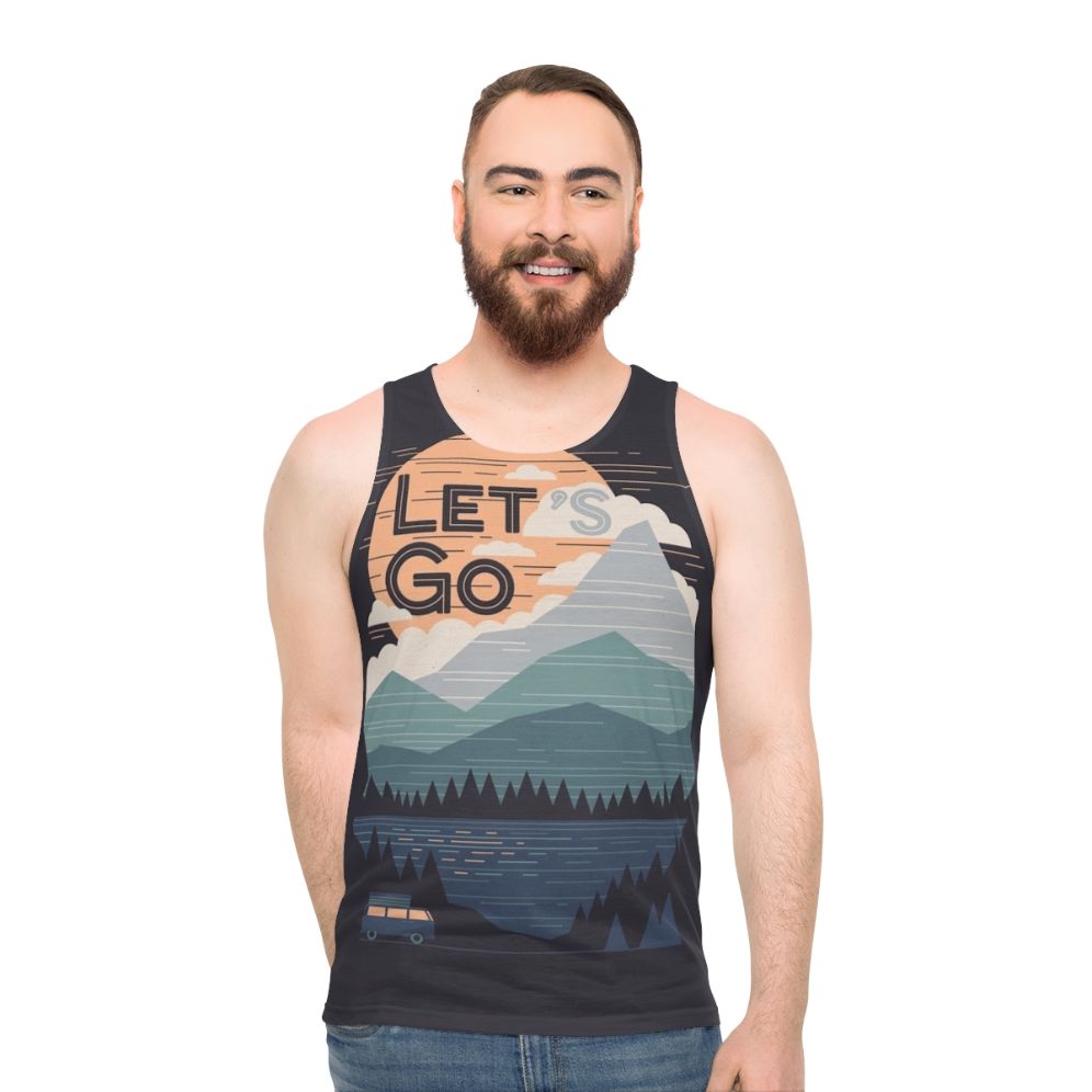 Unisex 'Let's Go' minimalist tank top with mountain landscape design