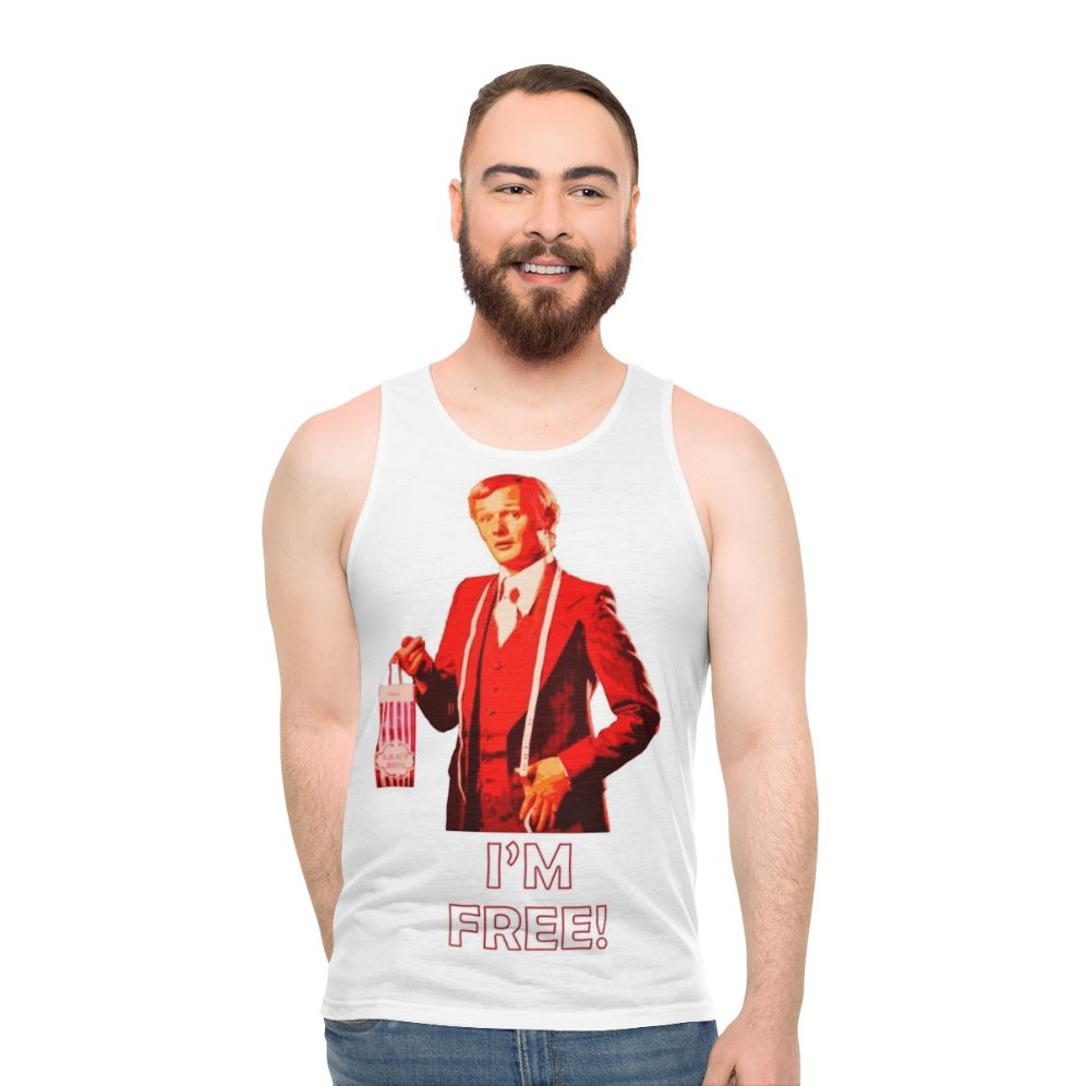 Unisex LGBTQ tank top with vintage inspired "I M Free" design