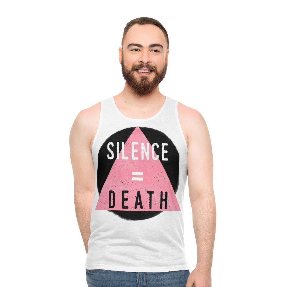 Unisex tank top with "Silence Death" design for LGBTQ+ and HIV/AIDS awareness
