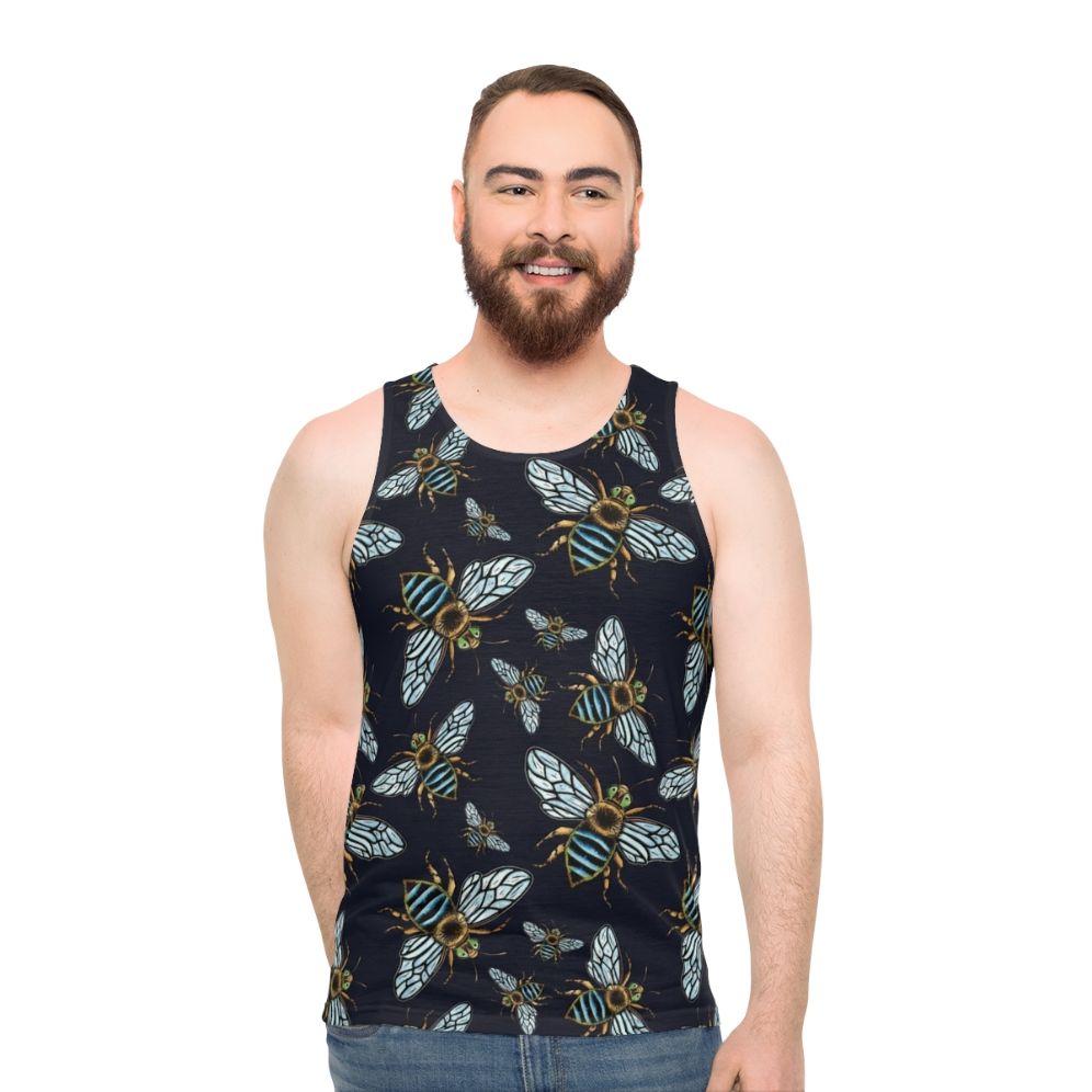 Unisex Lino Print Blue Banded Bee Tank Top