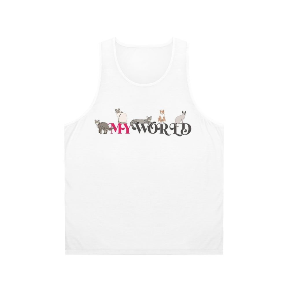 Unisex "My World" Tank Top featuring a world design with various icons and symbols