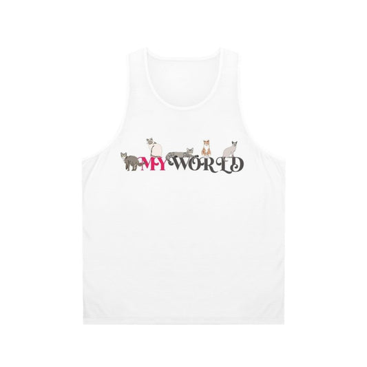 Unisex "My World" Tank Top featuring a world design with various icons and symbols
