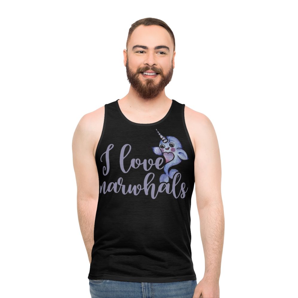 Unisex narwhal tank top with "I Love Narwhals" design