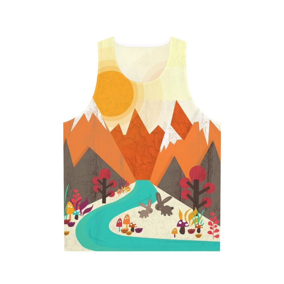 Unisex tank top with nature landscape, easter bunny, and spring flowers