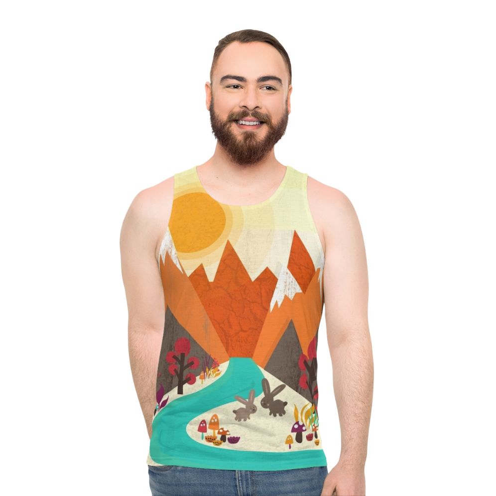 Unisex tank top with nature landscape, easter bunny, and spring flowers