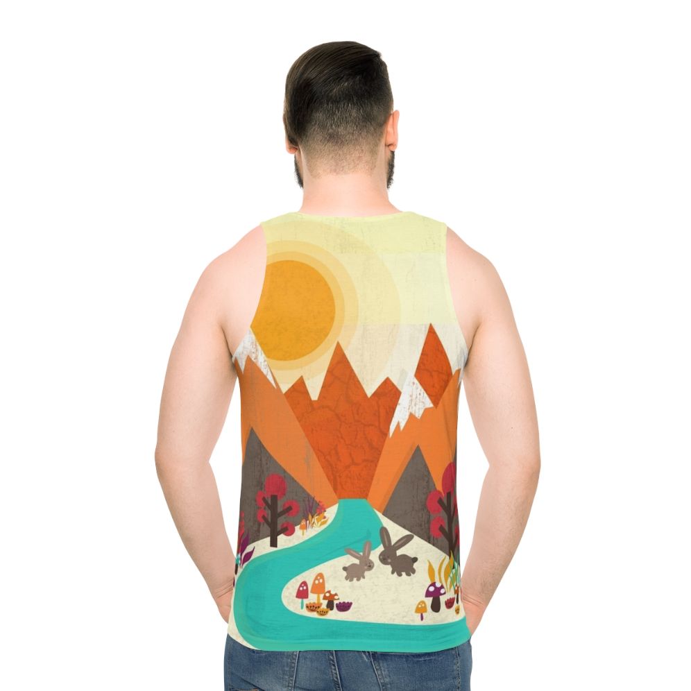 Unisex tank top with nature landscape, easter bunny, and spring flowers