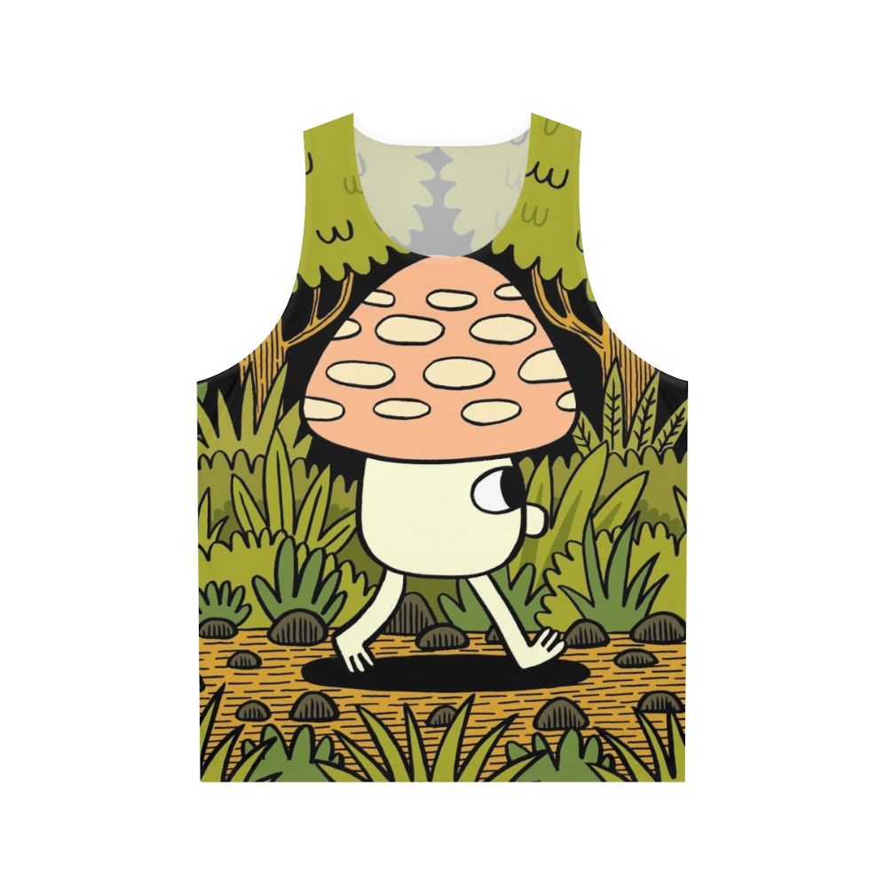 Unisex tank top with a whimsical mushroom and autumn leaf design
