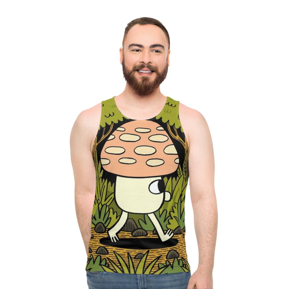 Unisex tank top with a whimsical mushroom and autumn leaf design