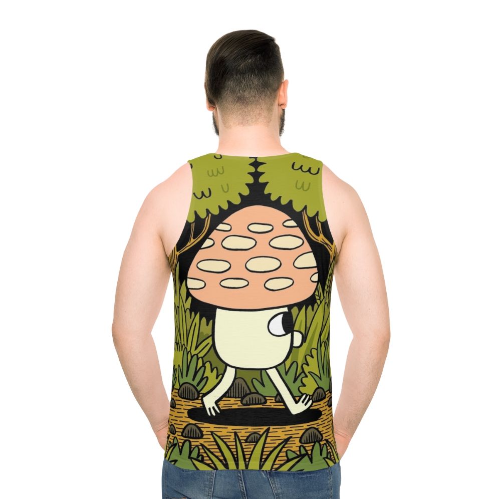 Unisex tank top with a whimsical mushroom and autumn leaf design