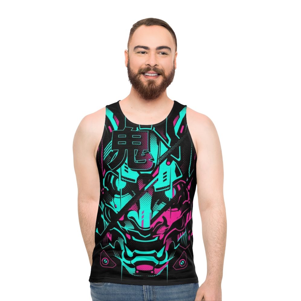 Unisex tank top with neon glitch design and anime-inspired Japanese art