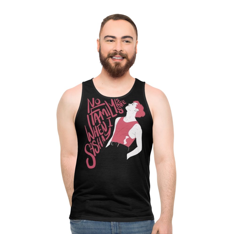 Unisex tank top with minimalist "No Family Is Safe When I Sashay" design