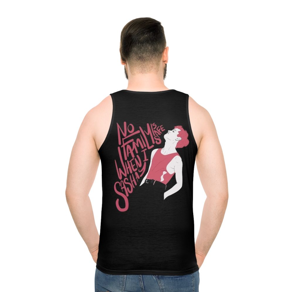 Unisex tank top with minimalist "No Family Is Safe When I Sashay" design
